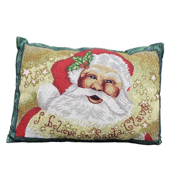 Set of 2 Jaquard Santa Pillows Christmas Green Back I Believe in Santa Claus - Picture 3 of 6